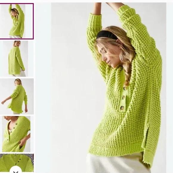 Free People Whistle Thermal Henley Sweater in Acid Lime, size XS - Picture 2 of 11